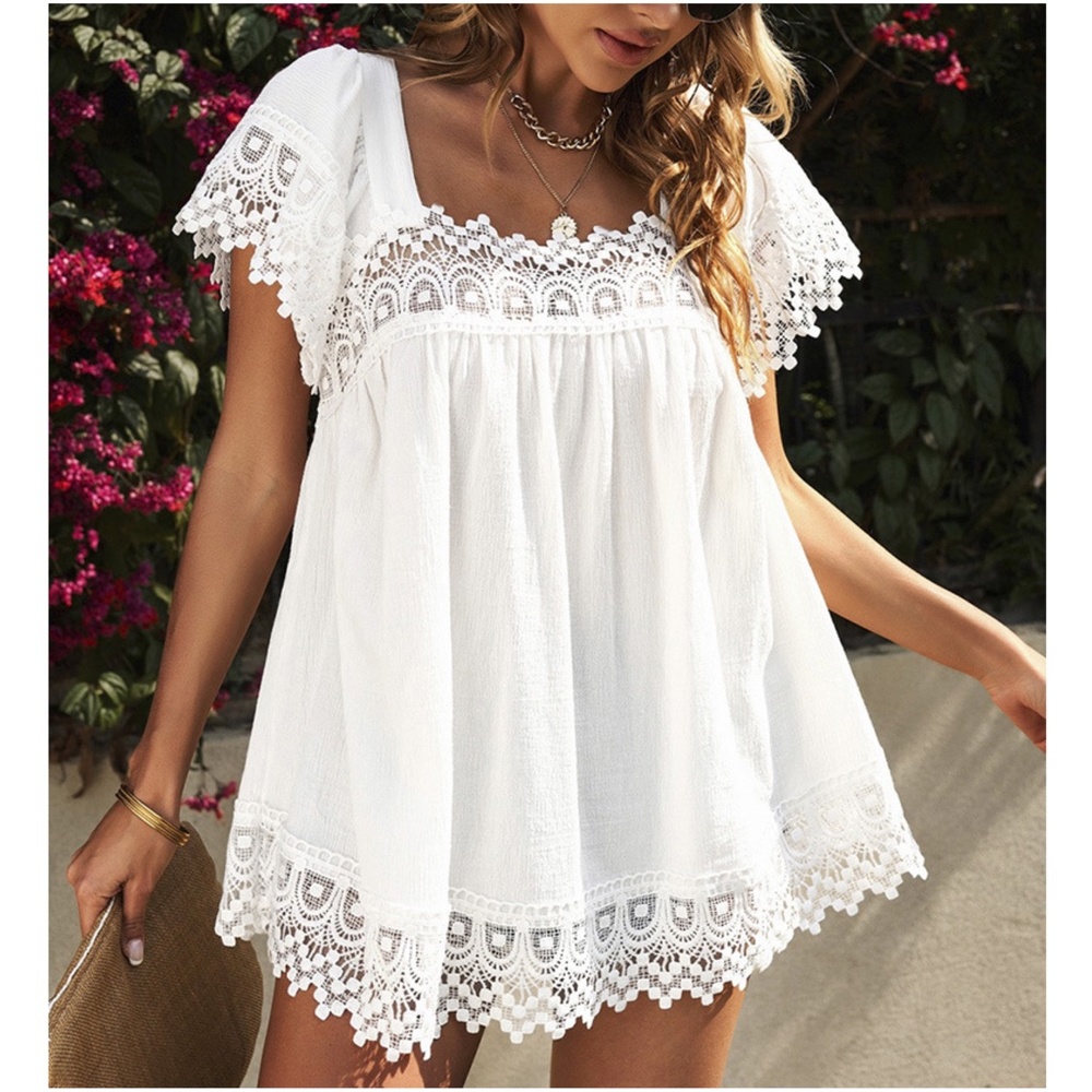 022  Boho White Lace Flowy Oversized Blouse - Picture 5 of 10